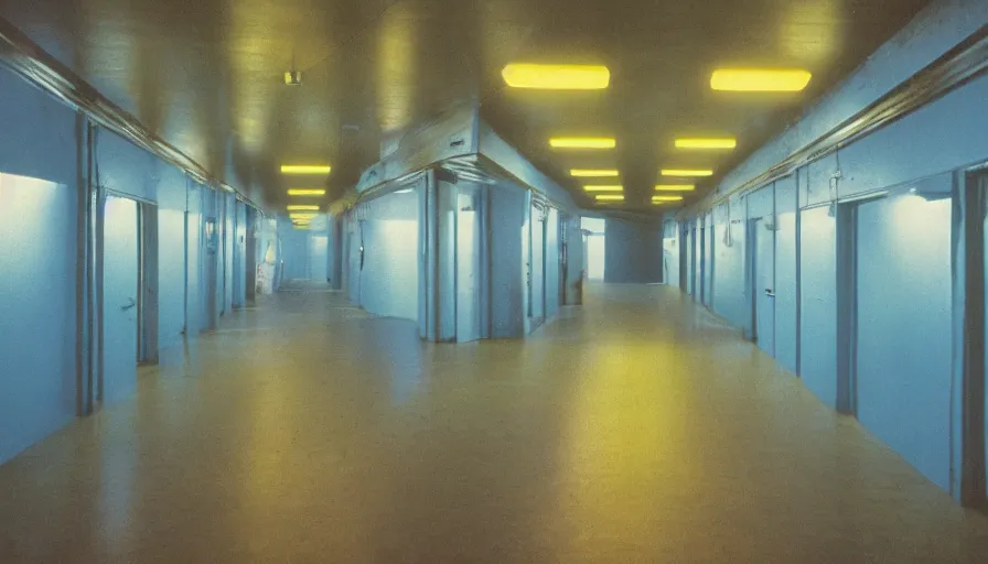 Image similar to 60s movie still of an empty sauna corridor fade yellow light and light blue tiles floor in the backrooms, exit signs with random arrows everywhere, cinestill 800t 50mm eastmancolor, liminal Space style, heavy grain