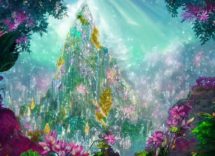 Prompt: shimmering crystal city made of diamond and rose quartz with gold decoration, sparkling in the sunlight, surrounded by lush flowers and green leaves. trending on artstation.