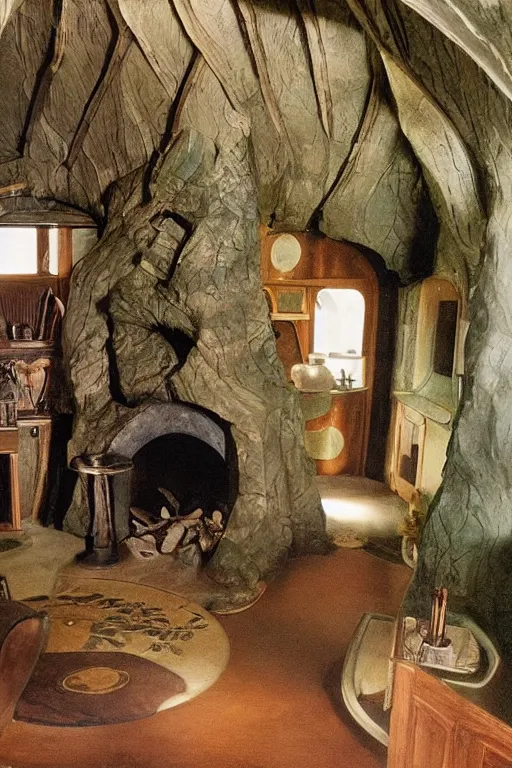 Image similar to art - deco interior of a hobbits house