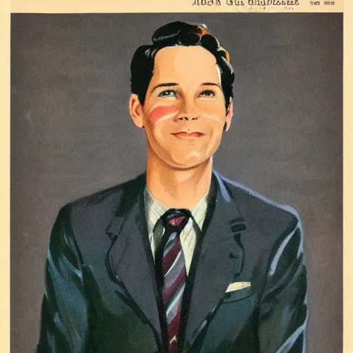 Image similar to “Paul Rudd portrait, color vintage magazine illustration 1950”