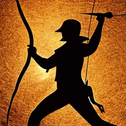 Image similar to robin hood aiming his bow and arrow towards the shining sun, highly detailed, extremely high quality, hd, 4 k, 8 k, professional photographer, 4 0 mp, lifelike, top - rated, award winning, realistic, detailed lighting, detailed shadows, sharp, no blur, edited, corrected, trending