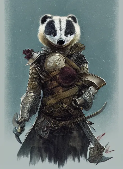 Image similar to a fantasy character illustration portrait of an anthropomorphic badger warrior, by victo ngai, by stephen gammell, by george ault, artstation