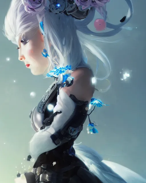 Image similar to cyborg girl with white hair and black skirt, flower decorations, dreamy, beautiful illustration, scifi, radiant, atmosphere, harmony, top lighting, blue eyes, focused, perfect composition, artstation, highly detailed, art by yuhong ding and chengwei pan and serafleur and ina wong