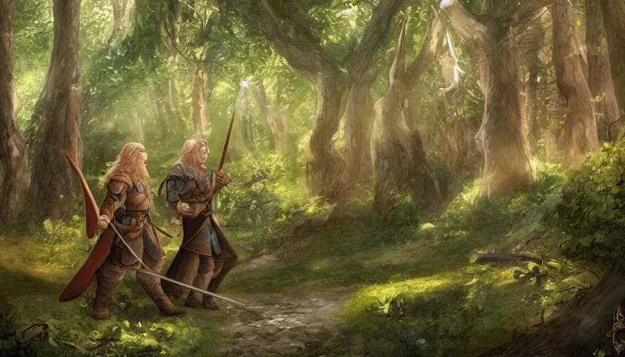 Image similar to gimli and legolas in lothlorien, being friends, artwork, artstation, beautiful setting