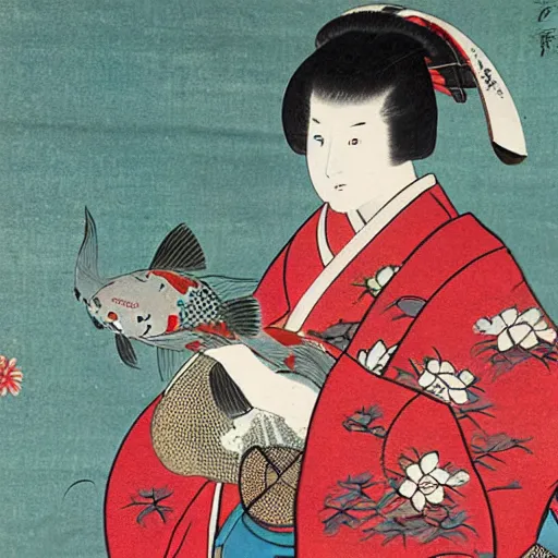 Image similar to painting of a 1 9 th century japanese woman holding a koi fish, colorful, ukiyo - e painting