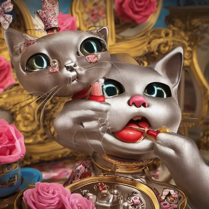 Image similar to closeup face profile portrait of a tin toy cat eating cakes, depth of field, zeiss lens, detailed, symmetrical, centered, fashion photoshoot, by nicoletta ceccoli, mark ryden, lostfish, breathtaking, 8 k resolution, extremely detailed, beautiful, establishing shot, artistic, hyperrealistic, octane render