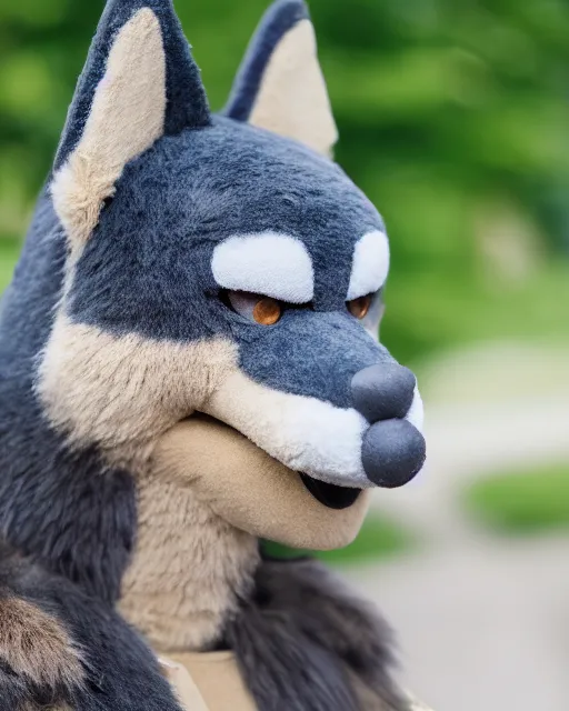 Image similar to portrait photo headshot still of a fursuit, 8 k, 8 5 mm f 1. 8, fursuit, made fur you