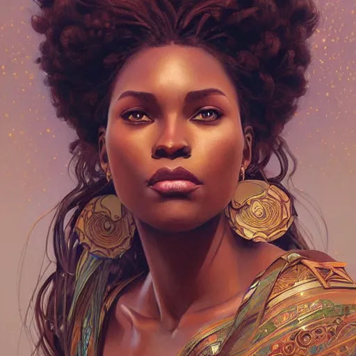 Image similar to beautiful Zulu goddess pondering, intricate, elegant, highly detailed, digital painting, artstation, concept art, smooth, sharp, focus, illustration, art by artgerm and greg rutkowski and alphonse mucha