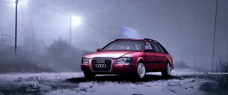 Image similar to Audi A4 B6 Avant (2002), a gritty neo-noir, dramatic lighting, cinematic, eerie person, death, homicide, homicide in the snow, viscera splattered, gunshots, bullet holes, establishing shot, extremely high detail, photorealistic, fire, arson, cinematic lighting, artstation, by simon stalenhag, Max Payne (PC) (2001) winter New York at night, In the style of Max Payne 1 graphic novel, flashing lights, Poets of the Fall - Late Goodbye