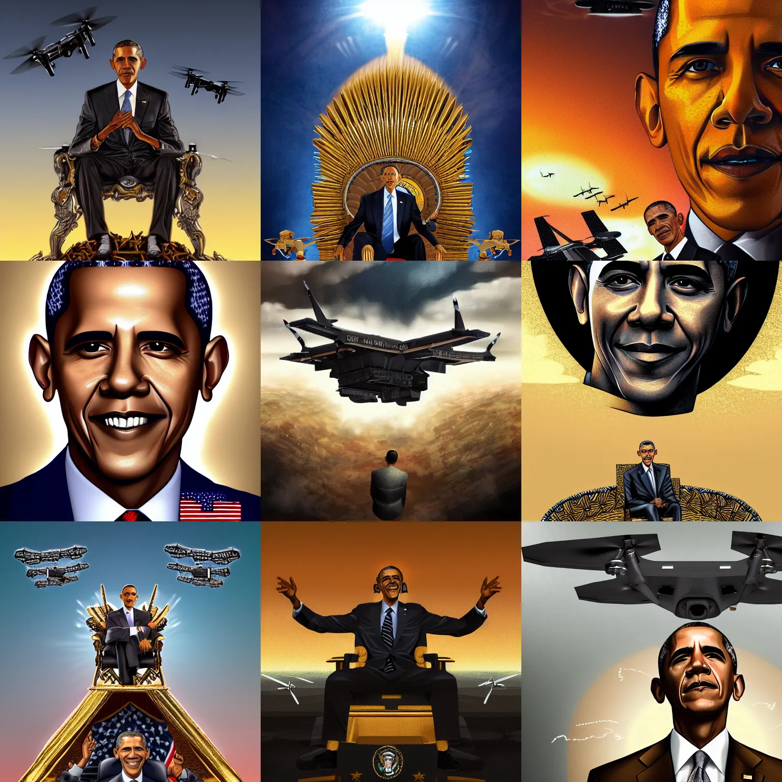 Prompt: digital illustration of Barack Obama (played by Barack Obama) The Drone King sitting in the sky on a golden throne with MQ-1 Predator Drones (military) flying out from under it, intricate details, Key Art, award winning, Artstation, sharp, Hyperdetailed, 8k resolution.
