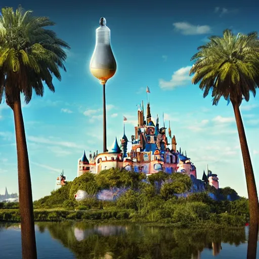 Image similar to the disney castle surrounded by giant palm trees on a giant floating island in the sky, giant realistic light bulb glowing in the sky, cinematic, digital art by erik johansson, 8 k resolution, hyper detailed, sharp focus