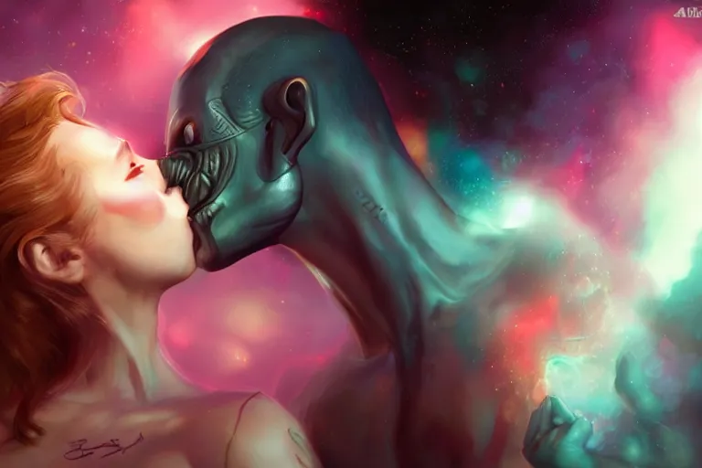 Prompt: an alien woman kisses a man by charlie bowater, sci - fi, color vibe, reimagined by industrial light and magic