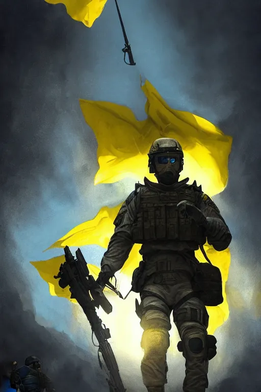 Image similar to a cinematic shot of a special forces unit with ukrainian blue yellow flag and standing ready to fight, masculine figure, d & d, fantasy, bright atmosphere, volumetric lights, intricate, elegant, extremely detailed, digital painting, artstation, concept art, matte, smooth, sharp focus, hyper realistic, illustration, art by artgerm and greg rutkowski and alphonse mucha