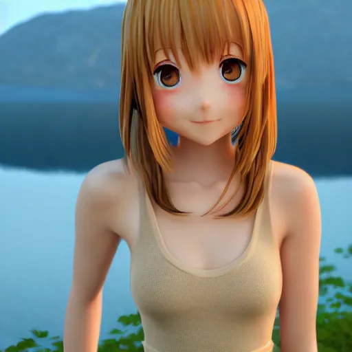 Image similar to Render of a very beautiful 3d anime girl, long hair, hazel eyes, cute freckles, full round face, short smile, cute sundress, golden hour, serene lake setting, medium shot, mid-shot, highly detailed, trending on Artstation, Unreal Engine 4k