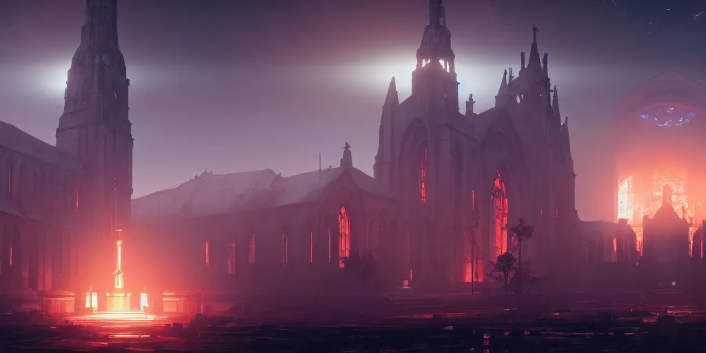 Image similar to symmetrical, centered composition, ancient church with red shafts of light in destiny 2, foggy, liminal, dark, dystopian, beautiful architecture, abandoned, highly detailed 4 k destiny 2 expansion key art wallpaper