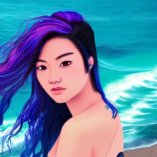 Prompt: beautiful asian girl with tattoo's and blue pink purple hair looking in the camera with sea with big waves in the background, portrait, 8 k, digital art