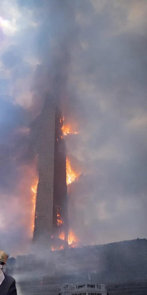 Image similar to a beautiful photo of donald trump being unfazed by the fact that the trump tower is burning, intricate details, photography, volumetric light, 8 k