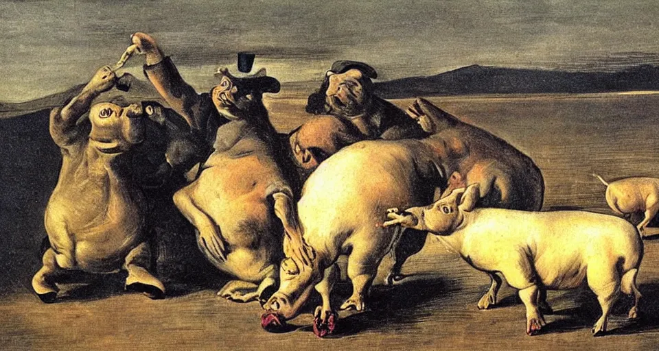 Image similar to trading pigs for swine by salvador dali and goya