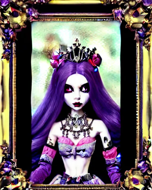 Image similar to maximalist baroque bedazzled gothic royalty frames surrounding a watercolor portrait of maximalist monster high draculaura doll, stephen bliss, unreal engine, by greg rutkowski, loish, rhads, makoto shinkai and lois van baarle, ilya kuvshinov, rossdraws, global illumination, radiant light, detailed and intricate environment, watercolor lighting