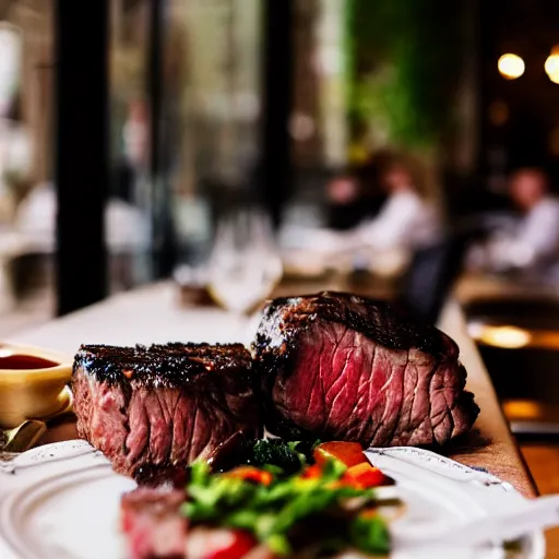 Image similar to photo of cow eating steak at an italian restaurant, 5 0 mm, beautiful photo