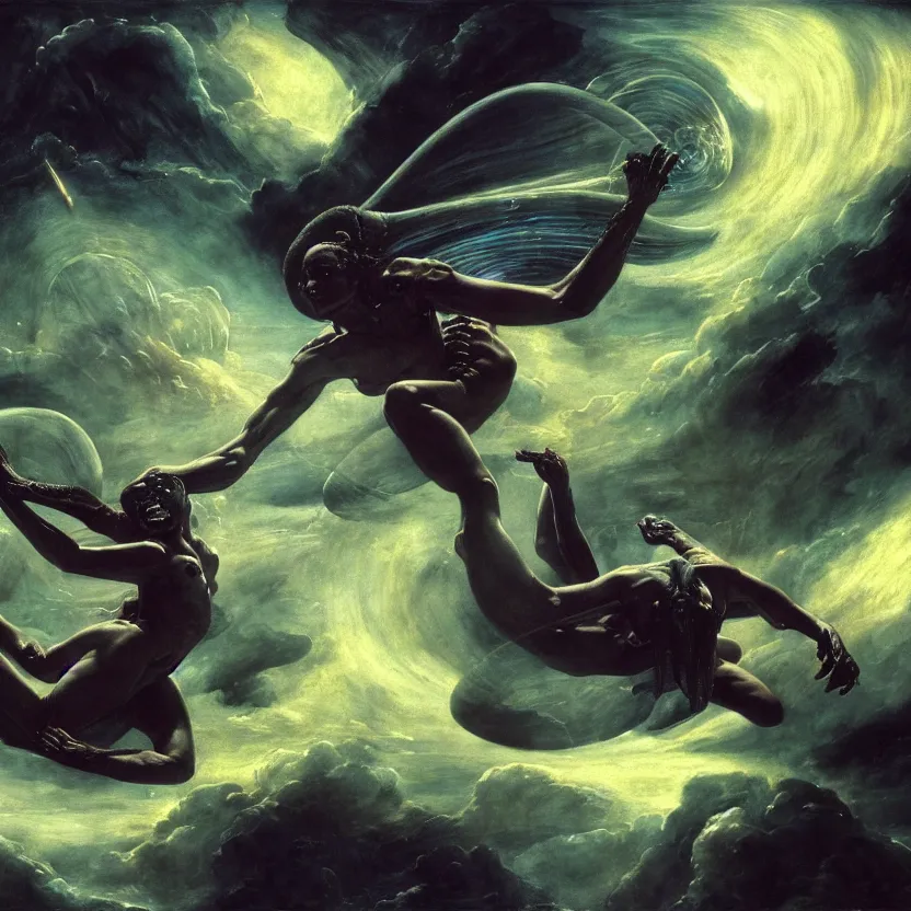 Prompt: still frame from Prometheus movie Slaanesh succubus goddess flying through nebula by wayne barlowe by caravaggio by giger by malczewski, avantgarde 4k wallpaper