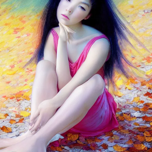 Prompt: a stunning serene anime portrait of a young woman of middling height with a light complexion by Mark Arian, oil on canvas, masterpiece, view from below, legs visible, arms visible, feet visible, hands visible, detailed legs ultrarealism, piercing gaze, autumn bokeh, hair reaches near her mid-back and forms rounded locks mainly blue in coloration with thin pink-colored streaks running through, hair has one white streak of hair over her left eye, hair has blunt bangs that fall on her forehead split near the left, an ahoge stands up on her head, has a pair of white upward-curving bull horns emerging from the sides of her head, has large round eyes with violet irises fringed by long lashes, her face up to the nose is covered by a pink face mask with a scalloped edge trimmed with a white stripe, she is wearing a long-sleeved minidress that is white and pleated above the waist with a blue bow below a point collar the dress\'s lower light-blue and non-pleated section with a button placket in the middle ending in a short skirt part that has a slightly ruffled hem leaving most of her legs visible, fastened on her shoulders is a darker-blue cape trimmed with light-blue fur on its edges with blue insides which goes near the ground, her footwear is red high heels