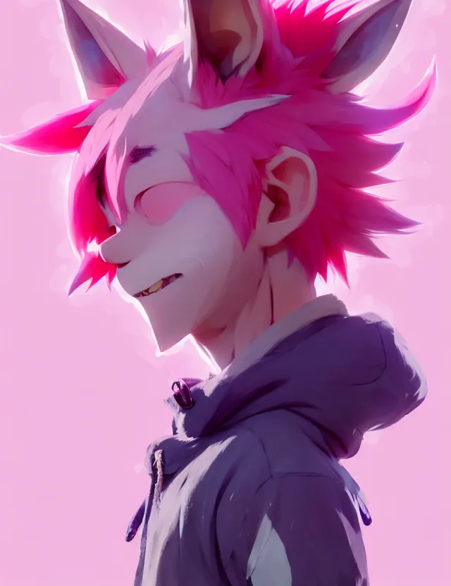 Image similar to a beautiful fullbody portrait of a cute anime boy with pink hair and pink wolf ears. character design by cory loftis, fenghua zhong, ryohei hase, ismail inceoglu and ruan jia. artstation, volumetric light, detailed, photorealistic, fantasy, rendered in octane