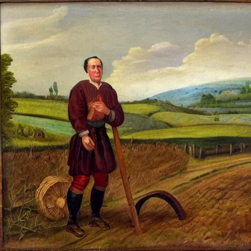 Image similar to david cameron as a 1 7 th century peasant toiling in the fields, painting, restored, 1 7 th century art