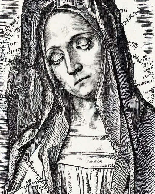 Prompt: an engraving portrait of mary mother of christ, by albrecht durer and virgil finlay, intricate details, fine inking lines, hd, 4 k, photorealistic