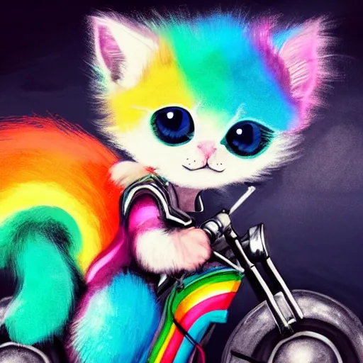 Image similar to wide angle full body, jacket wearing fluffy cute rainbow kitten wearing a black leather motorcycle jacket, riding on a motorcycle, cinematic concept art