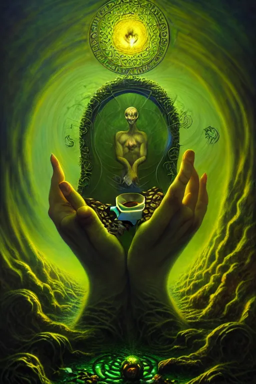 Prompt: The Manager, tarot card, by tomasz alen kopera and Justin Gerard, computer keyboard, email, coffee cup, numerical, symmetrical features, ominous, magical realism, texture, intricate, ornate, royally decorated, whirling green smoke, embers, radiant colors, fantasy, trending on artstation, volumetric lighting, micro details, 3d sculpture, ray tracing, 8k, anaglyph effect