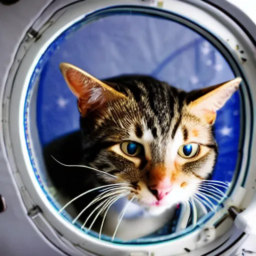 Prompt: Photo of a cat floating inside the ISS, realistic award-winning