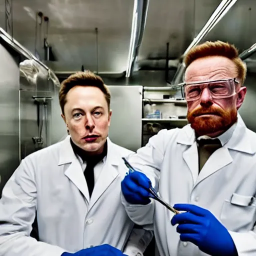 Image similar to elon musk and walter white cooking meth in a laboratory, amazing detail, detailed faces, sharp, 8k