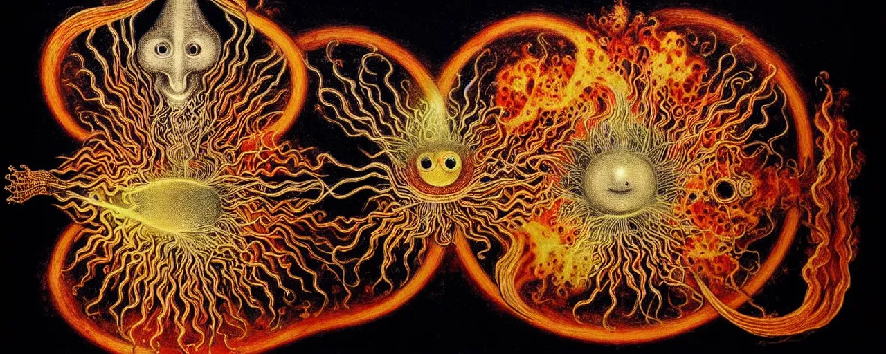 Image similar to a strange fire creature with endearing eyes radiates a unique canto'as above so below'while being ignited by the spirit of haeckel and robert fludd, breakthrough is iminent, glory be to the magic within, in honor of saturn, painted by ronny khalil