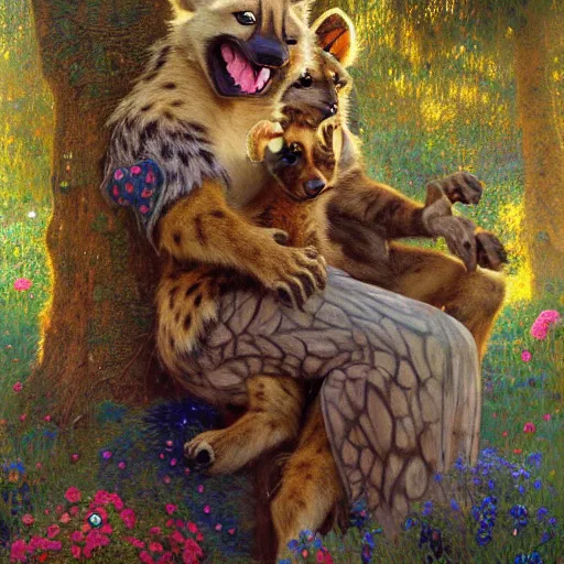 Prompt: a forest with a female hyena hyenawoman canine in wizard robes. zootopia fursona furaffinity furry art detailed face painting by gaston bussiere craig mullins jc leyendecker gustav klimt artgerm greg rutkowski furry