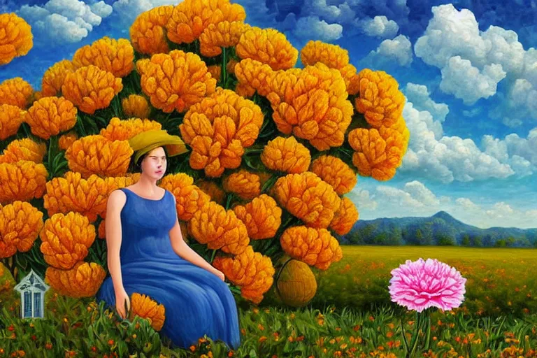 Image similar to giant carnation flower head, woman sitting, surreal, clouds in sky, impressionist painting, digital painting, artstation, rob gonsalves