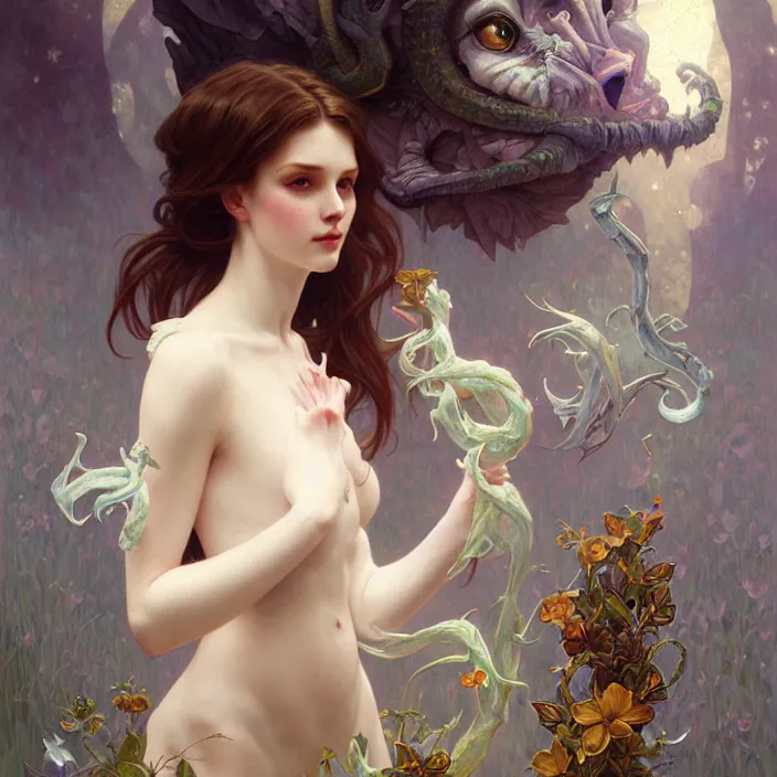 Prompt: Lyra and her dæmon, LSD, diffuse lighting, fantasy, intricate, elegant, highly detailed, lifelike, photorealistic, digital painting, artstation, illustration, concept art, smooth, sharp focus, art by John Collier and Albert Aublet and Krenz Cushart and Artem Demura and Alphonse Mucha