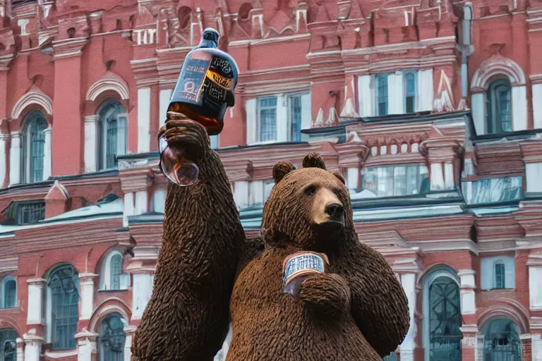 Image similar to a gigantic statue of bear holding a bottle of vodka in the middle of the red square, symmetry, awesome exposition, very detailed, highly accurate, 8 k, professional lighting diffracted lightrays, sense of awe