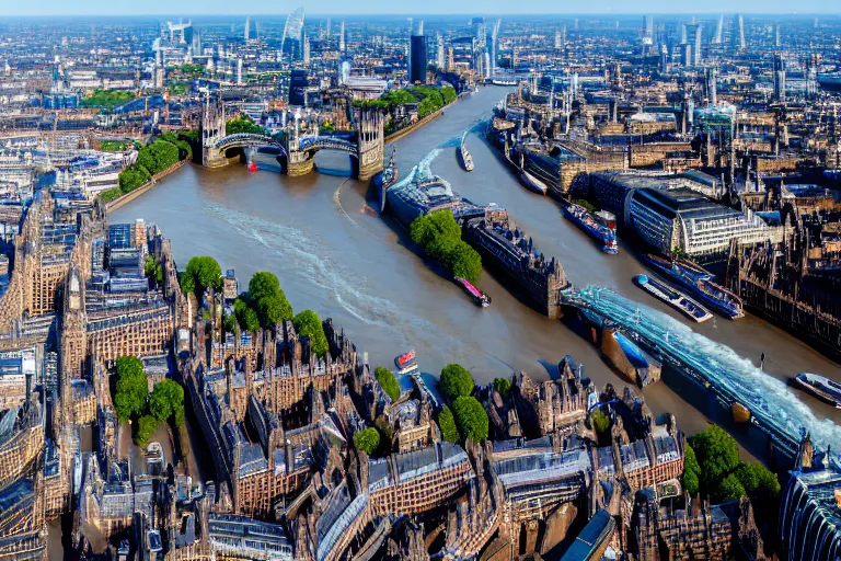 Prompt: an aerial view of a london city with a river running through it, a tilt shift photo by christopher wren, featured on cg society, new objectivity, uhd image, tilt shift, high dynamic range