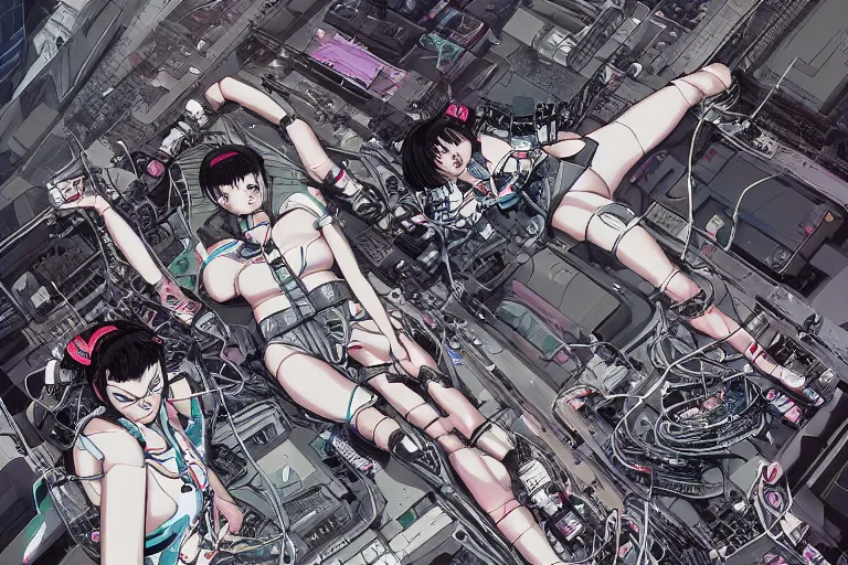 Image similar to a cyberpunk illustration of a group of female androids in style of masamune shirow, lying on an empty, white floor with their bodies scattered across in different poses and cables and wires coming out, by yukito kishiro and katsuhiro otomo, hyper-detailed, intricate, view from above