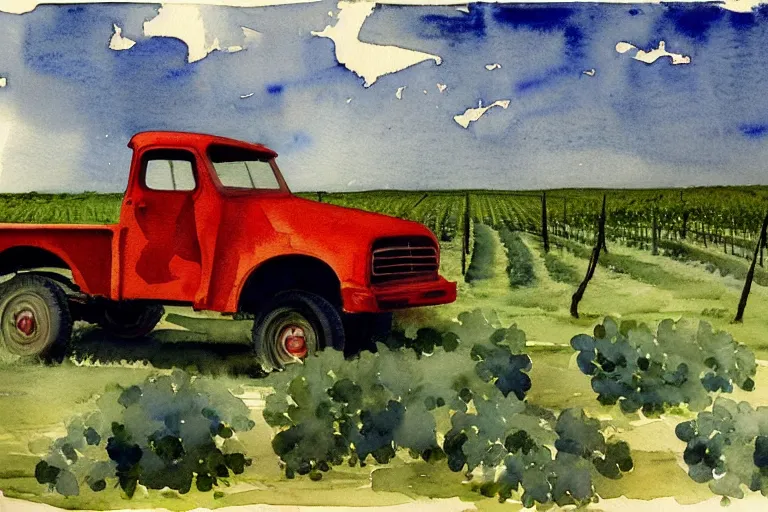 Image similar to dark cool watercolor painting of a vintage red truck in a vineyard by winslow homer