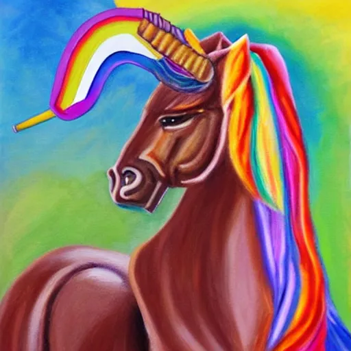 Prompt: a realistic painting of donald trump riding a rainbow unicorn