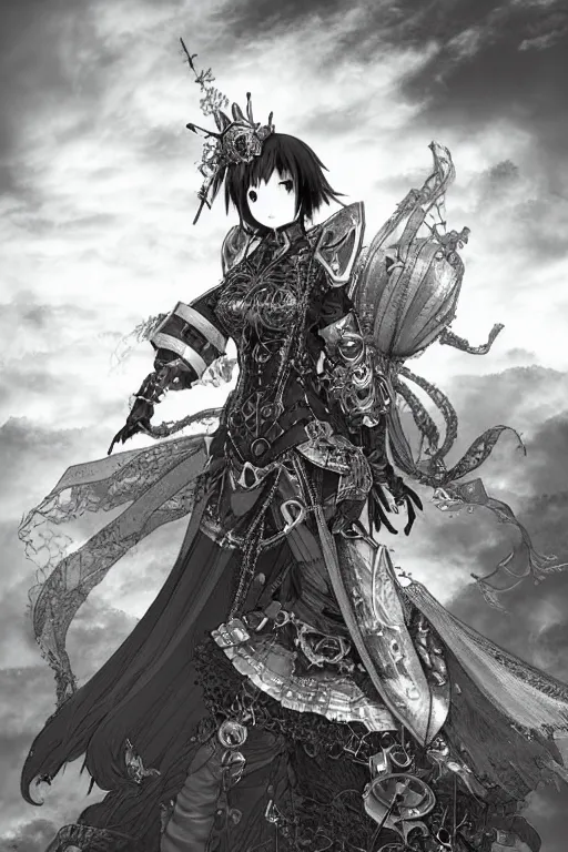 Image similar to a vertical portrait of a character in a scenic environment by Yoshitaka Amano, black and white, dreamy, steampunk armor, black hair, highly detailed