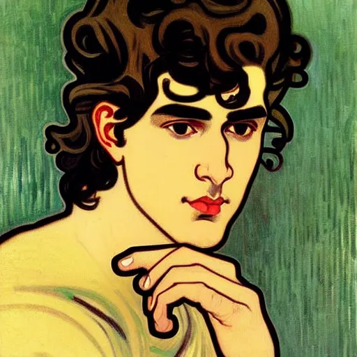 Prompt: painting of young handsome beautiful dark medium wavy hair man in his 2 0 s named shadow taehyung at the cucumber and banana soup party, elegant, clear, painting, stylized, delicate, soft facial features, art, art by alphonse mucha, vincent van gogh, egon schiele