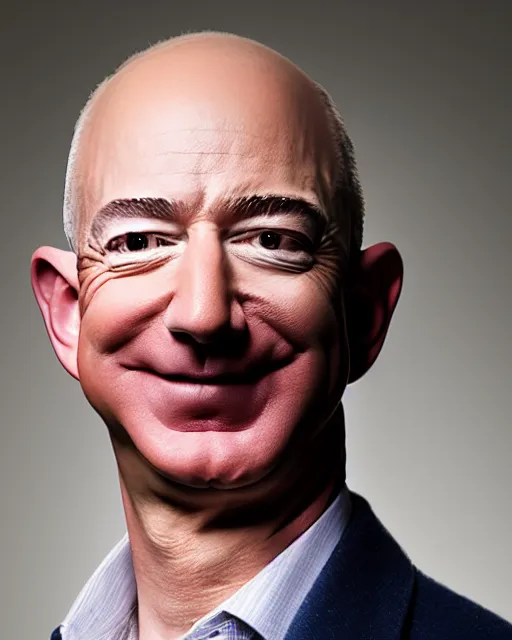 Image similar to A studio portrait of Jeff Bezos looking happy, highly detailed, 80mm, f/1.4