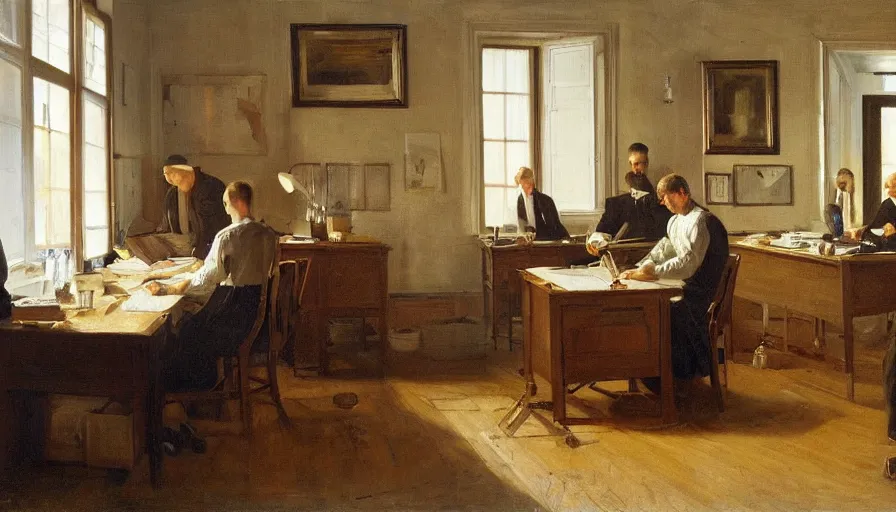 Image similar to painting of work table at a 20 century office, by Peder Krøyer, dramatic lighting, volumetric lighting, golden hour, epic, intricate detail, canvas print