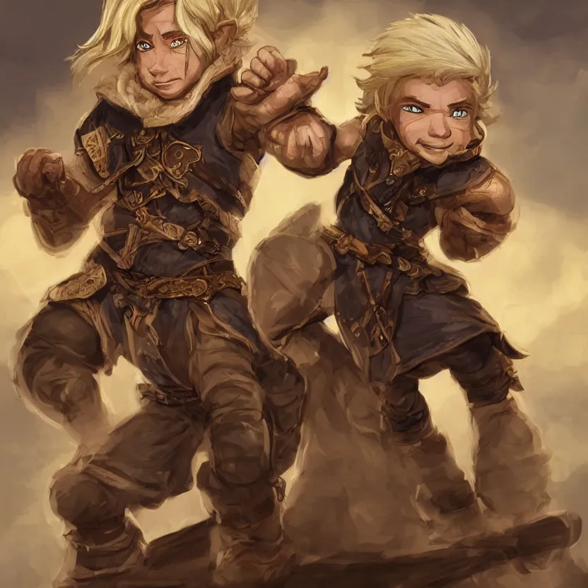 Image similar to Male Halfling with white hair, light brown skin and golden eyes character art, D&D, high detail