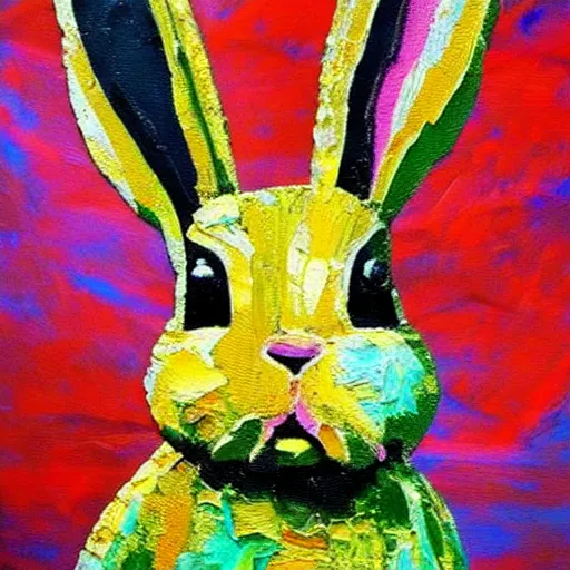 Prompt: a textured impasto painting of a bunny in space. whimsical, amazing, fluorescent vibrant pleasing fantastic bunny