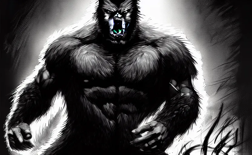 Image similar to in the style of artgerm, steve niles, rafael albuquerque, large hairy werewolf in a shopping mall at night, moody lighting, horror scary terror