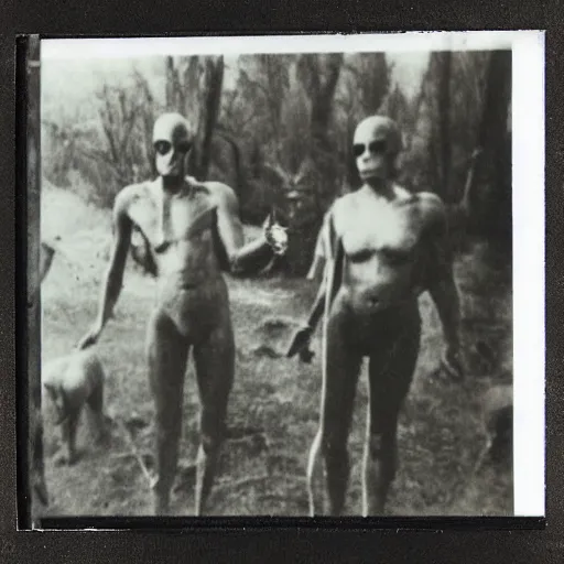 Image similar to really old polaroid photograph of horrorific extraterrestrial beings visiting earth,